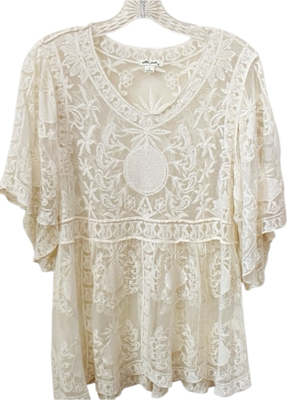 Ultra Pink Cream Lace Top Blouse Small Sheer Ethereal Boho Y2K Festival Fairy
